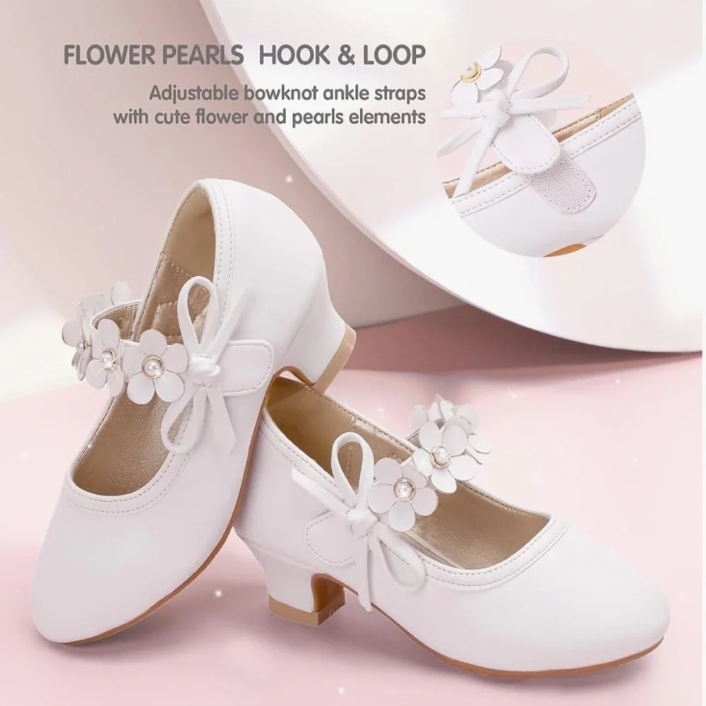 Toddler Girls White Flower Pearl Ankle Strap Shoes
